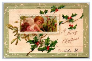 Angel Cherub Mistletoe and Holly Merry Christmas Embossed DB Postcard U11