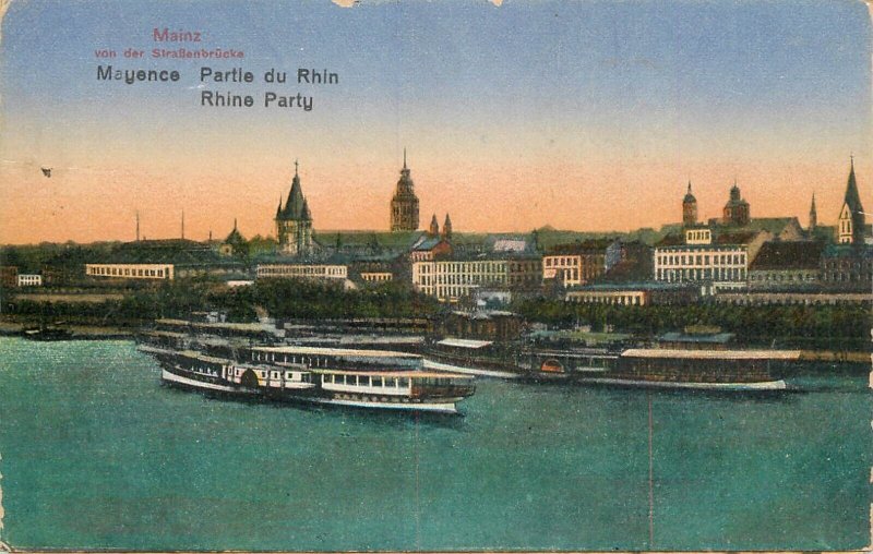 Germany navigation themed postcard Mainz Rhine Party paddle steamer cruise