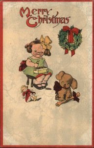 Christmas Little Girl With Dolly and Dog Vintage Postcard