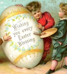 1880s Victorian Easter Trade Card Children Giant Egg Painter F141