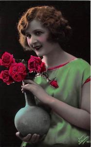 Young lady with flowers & vase Child, People Photo Unused 