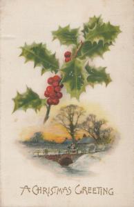 Christmas Novelty Silk~Holly Berry Over Victorians on Bridge~Farm~Sunset~Winsch 