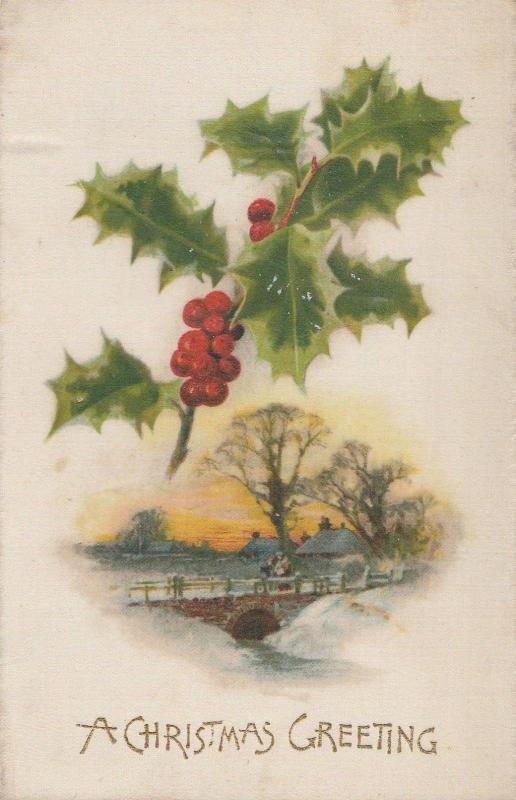 Christmas Novelty Silk~Holly Berry Over Victorians on Bridge~Farm~Sunset~Winsch 