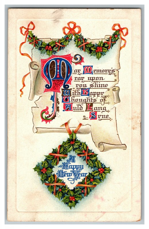 Postcard A Happy New Year Vintage Standard View Card Embossed Holly