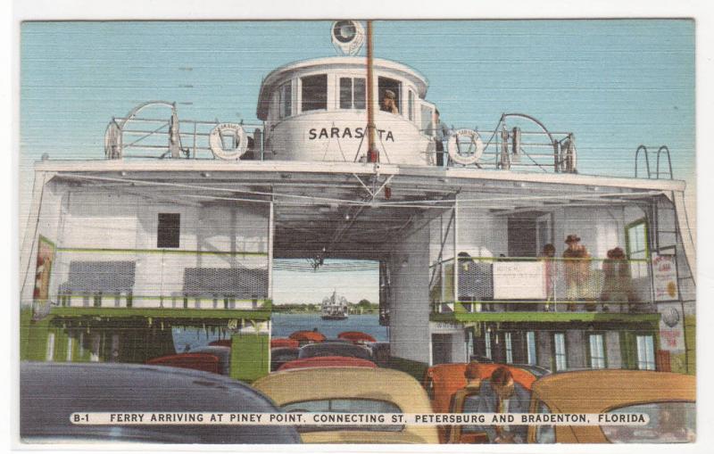 Car Ferry Boat Arrives Piney Point St Petersburg Bradenton Florida 1954 postcard