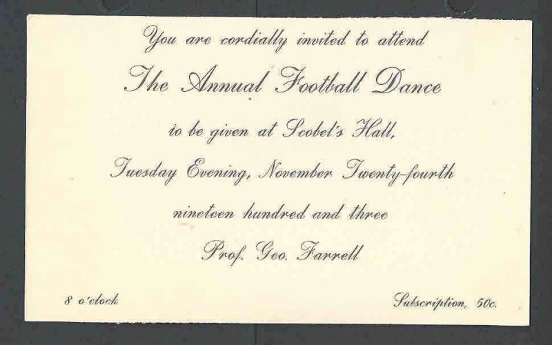 1903 Football Dinner Invitation Cost 50 Cents Mint Card 2.75 X 4.5 Rare