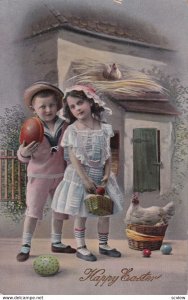 EASTER, PU-1915; Sailor Boy & Girl in pretty blue dress, Hens, Colored Eggs