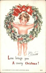 Julia Woodworth Cupid Christmas Wreath Fantasy c1910 Vintage Postcard