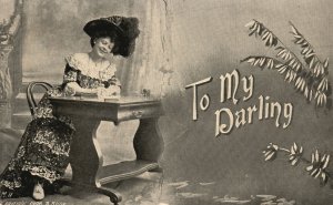Vintage Postcard 1910's Woman Sitting and Writing A Letter To My Darling
