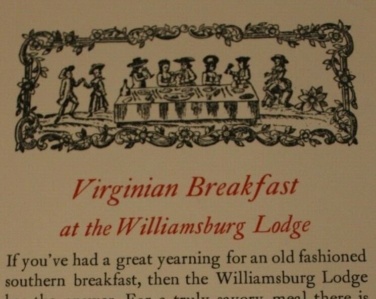 c.1958 Williamsburg Lodge Virginian Breakfast Menu Ad Pilgrims Paper Colonial VA