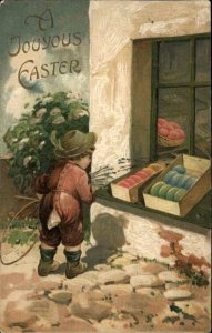 EASTER Little Boy w Boxes of Painted Eggs c1910 Postcard