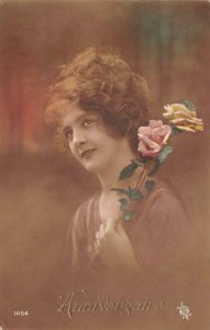 RPPC BEAUTIFUL WOMAN ROSE ANNIVERSARY GLAMOUR FRANCE STUDIO REAL PHOTO POSTCARD