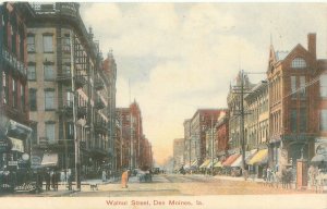 Des Moines Iowa Walnut Street 1908 Postcard, Theatre, Loan Office, Horses
