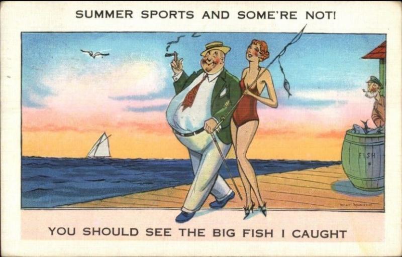 Skinny Bathing Beauty Fat Guy Smoking Cigar - BIG FISH I CAUGHT Postcard