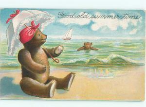 Pre-Linen HUMANIZED BEAR UNDER UMBRELLA AT THE BEACH AC5723