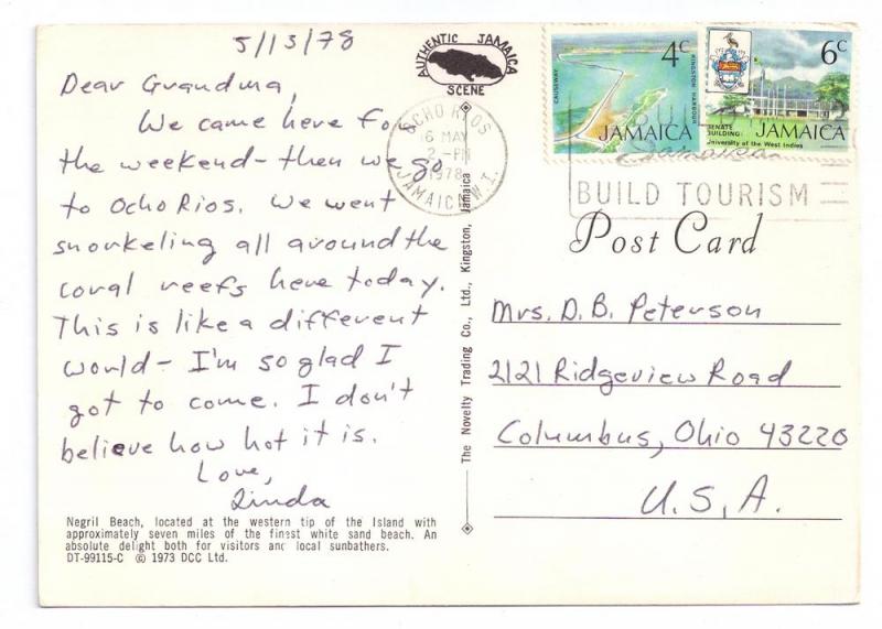 Negril Beach Jamaica 1978 4X6 Postcard