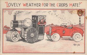 Farmer Blocking Sports Car In Road Tractor Comic Postcard