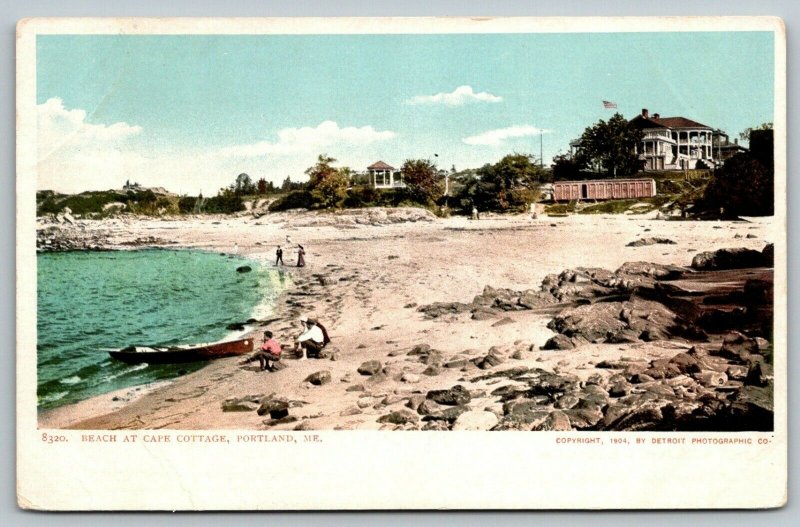 Portland Maine~Folks on Beach @ Cape Cottage~Boat in Bay~1904 Detroit Pub Co 