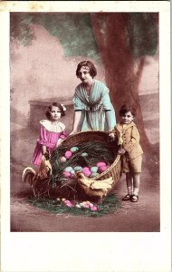 Hand Colored Mother, Children, Basket Eggs/Chicken Fancy Outfits c.1919 Postcard