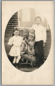 BOY & GIRL w/ AUSTRALIAN SHEPHERD DOG ANTIQUE REAL PHOTO POSTCARD RPPC