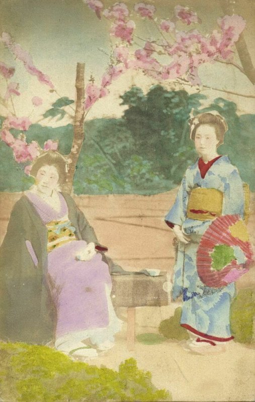 japan, Beautiful Geisha Ladies in Garden (1900s) Hand Painted Postcard