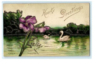 Hearty Greeting Swan Lake Purple Flower Glitter Embossed Vintage Postcard 