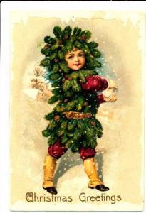 Child in Tree Costume Christmas Greetings Mini Postcard