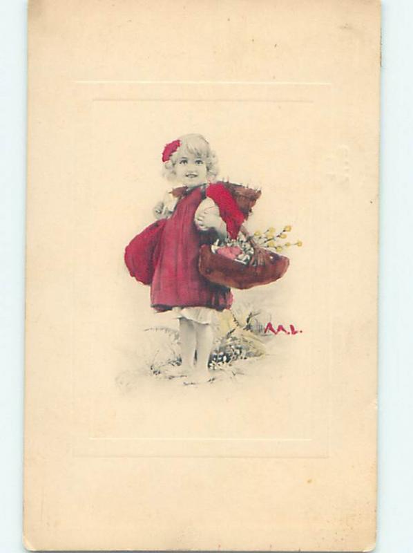 Pre-Linen signed CUTE GIRL CARRYING EASTER EGG AND FLOWER BASKET HJ4309