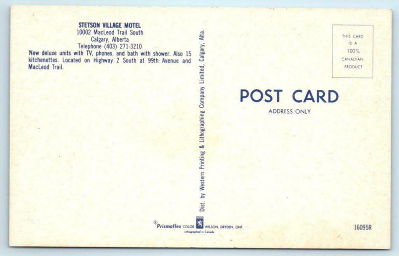 CALGARY, ALBERTA Canada ~ Roadside STETSON VILLAGE MOTEL ca 1960s Postcard