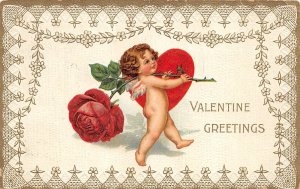 G2/ Valentine's Day Love Postcard c1910 Fancy Border Rose Cupid 23