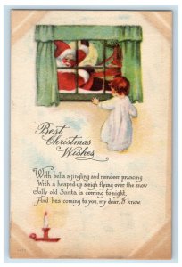 1917 Christmas Wishes Little Girl Santa Claus Scene Window Antique Postcard