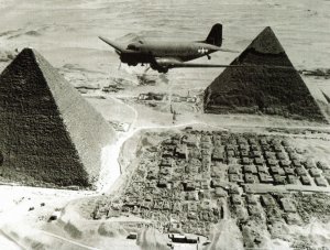 Vintage American Bomber Flies over the Pyramids,  Egypt Framable PostCard