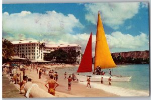 Colorful Sails Catamaran Moana Hotel Diamond Head Hawaii TH Postcard  1955