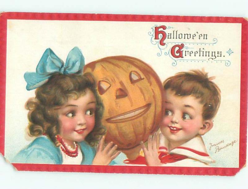 Pre-Linen Halloween signed FRANCES BRUNDAGE - KIDS WITH JACK-O'-LANTERN AB4263