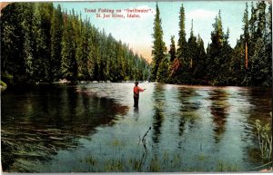 Trout Fishing Swiftwater, St. Joe River, ID Vintage Postcard B80 