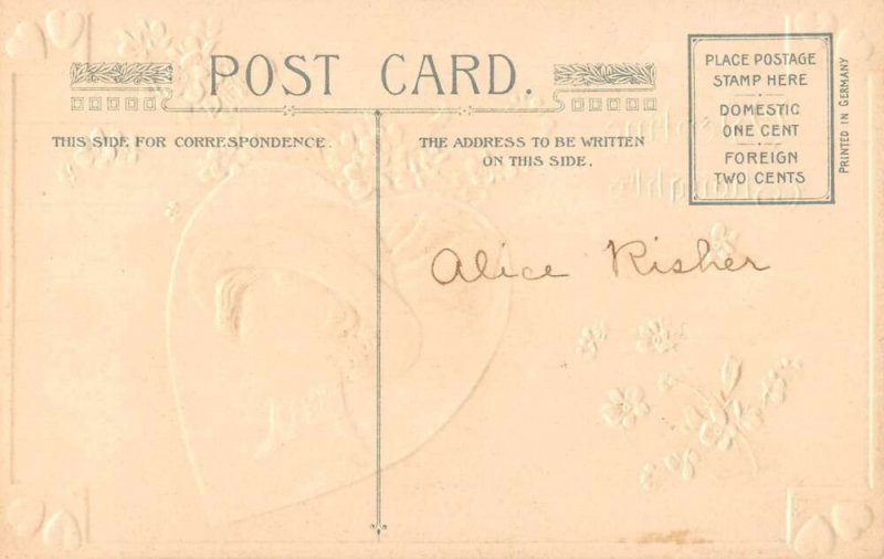 Valentine Greetings Blue Flowers and Lady In Hat Winsch Vintage Postcard AA27836 