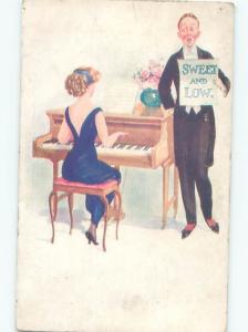 Pre-Linen Slight Risque Interest PRETTY GIRL PLAYING ANTIQUE PIANO AB7528