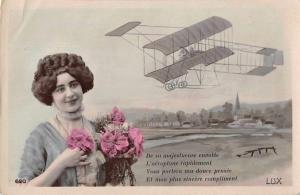 Greetings Woman with Flowers Airplane Tinted Real Photo Antique Postcard J76351