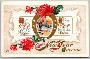 Vtg Happy New Year Greeting Good Luck Gold Horseshoe Embossed 1910s Old Postcard