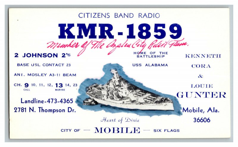 QSL Radio Card From Mobile Ala. Alabama KMR - 1859 