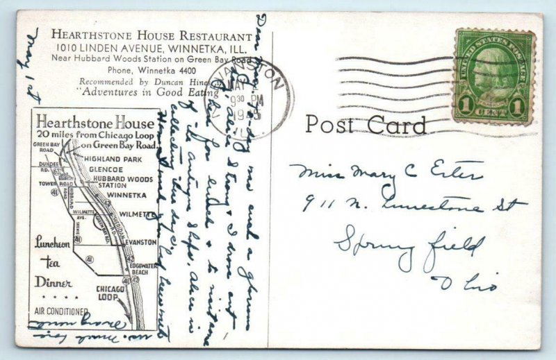 WINNETKA, Illinois IL ~ Roadside HEARTHSTONE HOUSE RESTAURANT 1945 Map Postcard