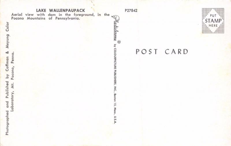 LAKE WALLENPAUPACK POCONO MTNS OF PENNSYLVANIA AERIAL VIEW POSTCARD 1960s