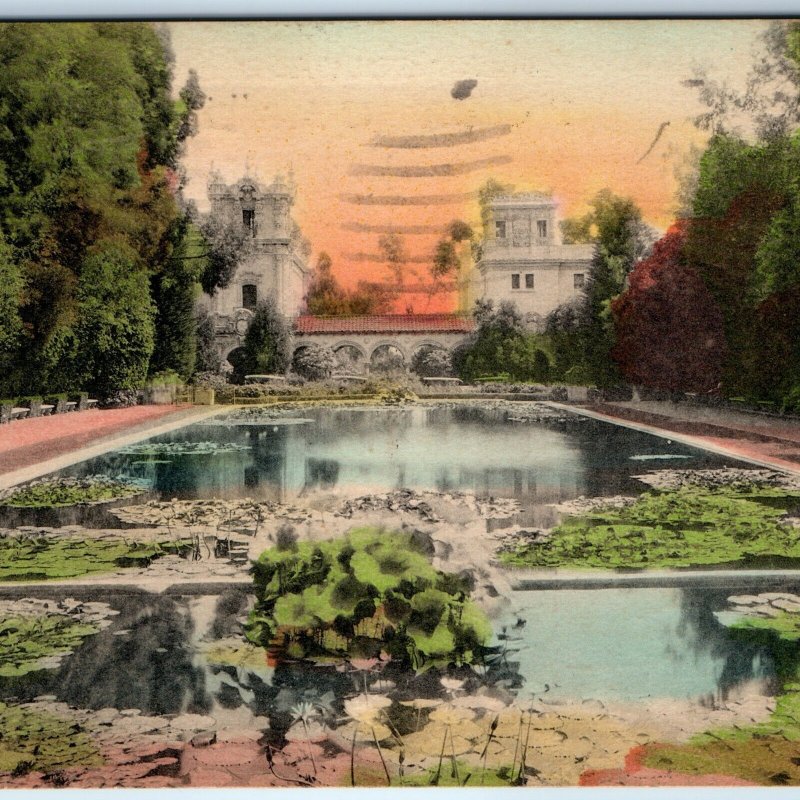 1930s San Diego, CA Lily Pond Balboa Park Sunny Scenes Postcard Hand Colored A72