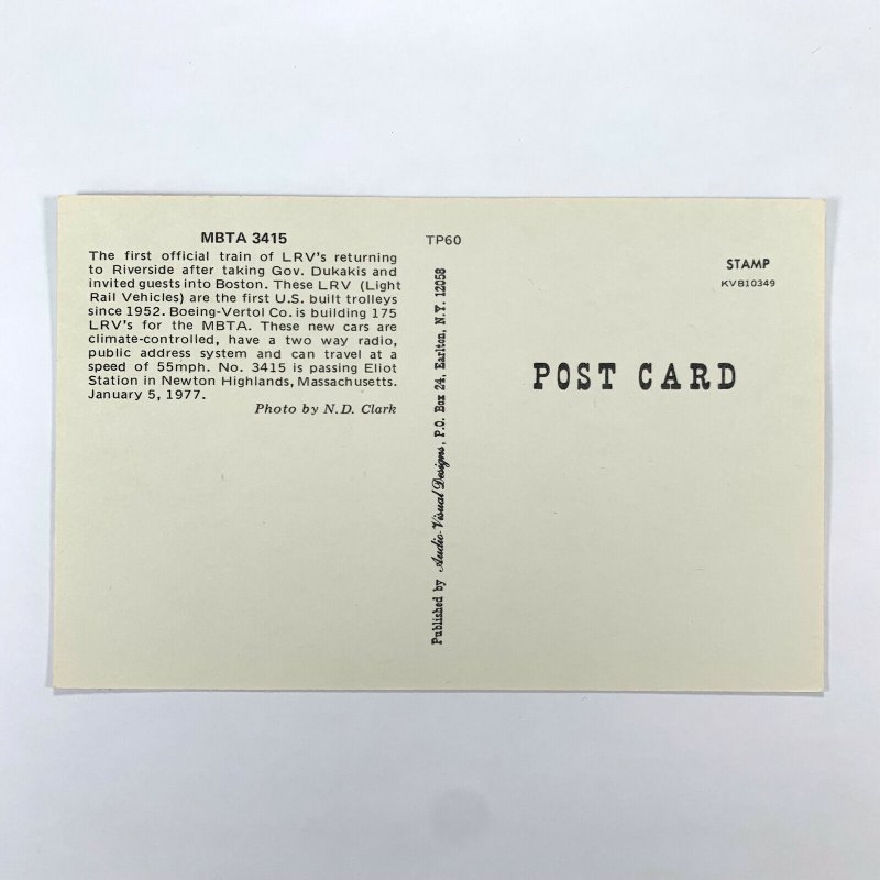 Postcard Railroad Train Massachuetss Bay Transit MBTA Light Rail 1977 Chrome