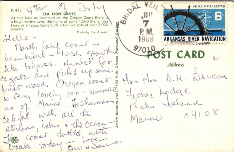 Sea Lion Caves Animals Cliffs Waves Ocean Oregon WOB PM Vintage Cancel Postcard 