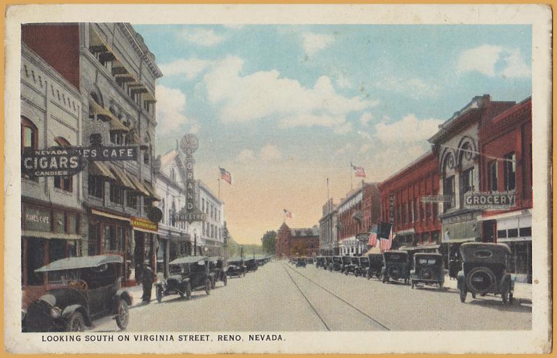 Reno, Nev., Looking South on Virginia Street-1920's cars and trolley track