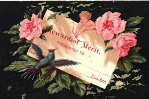 c1880 VICTORIAN SCHOOL TEACHER REWARD OF MERIT CARD BIRD CUPID TRADE CARD Z1111