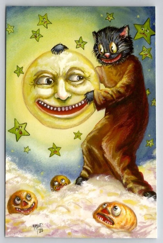 Halloween Matthew Kirscht Cat Placing The Moon Stars Gilded Embossed Postcard MK