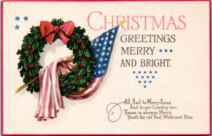 Postcard Patriotic Christmas -  US Flag draped through wreath