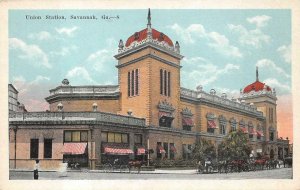 UNION STATION TRAIN DEPOT HORSE WAGONS SAVANNAH GEORGIA POSTCARD (1920)